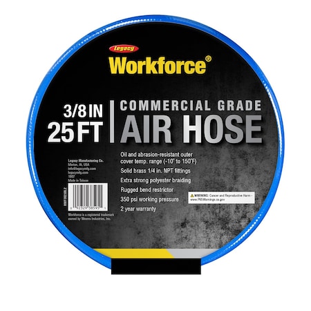Workforce Air Hose, 3/8in x 25ft, 1/4in NPT Fittings, Blue, PVC HWF3825BL2